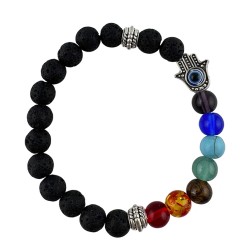 Pulsera Elástica Piedra Volcanica 7 Chakras con charm Mano Fatima 6 mm