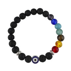 Pulsera Elástica Piedra Volcanica 7 Chakras con charm ojo turco 6 mm
