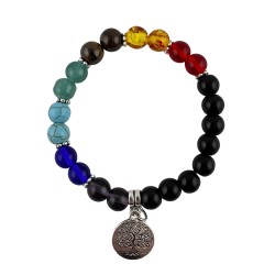 Pulsera Elástica Turmalina 7 Chakras con charm arbol de la vida 6 mm