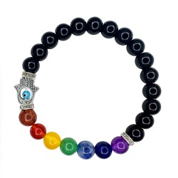 Pulsera Elástica Obsidiana con Mano de Fátima 8 mm