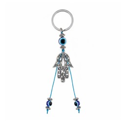 Llavero Colgante de Acero Mano de Fátima con Ojo Turco y Aro – Amparo y Equilibrio