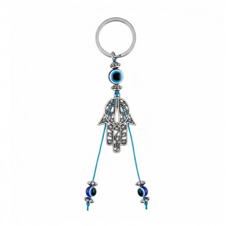 Llavero Colgante de Acero Mano de Fátima con Ojo Turco y Aro – Amparo y Equilibrio