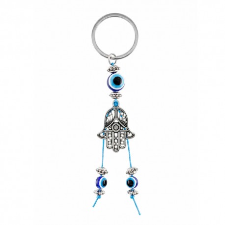 Llavero Colgante de Acero Mano de Fátima con Ojo Turco – Amparo y Equilibrio