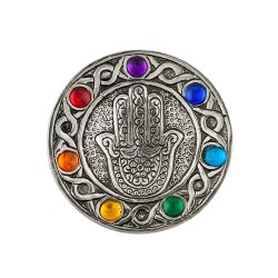 Plato Porta Inciensos de Metal Mano de Fátima 7 chakras