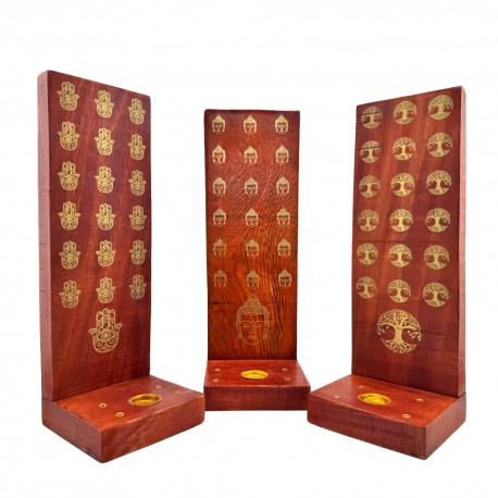 Porta Inciensos de Madera Grande Forma L con Símbolos Dorados