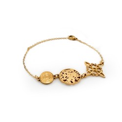 Pulsera Triple Protección de Acero Inoxidable Dorado | San Benito, Nudo de Bruja y Tetragrámaton