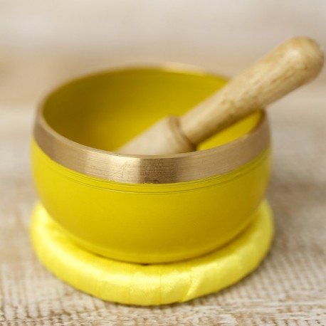 Cuenco Tibetano Amarillo Chakra Plexo Solar con Mazo y Cojín