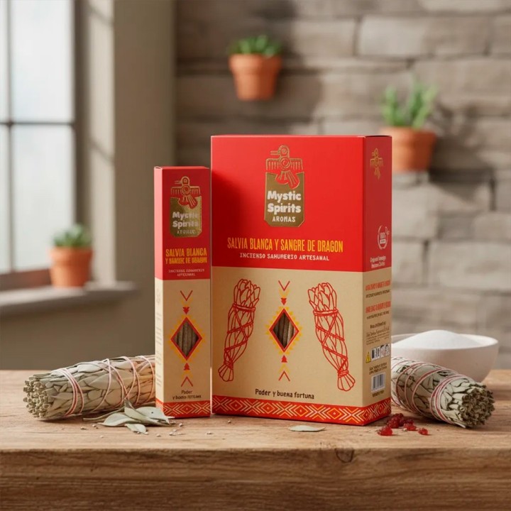 Incienso Sahumerio Salvia Blanca y Sangre de Dragón Mystic Spirits Caja Completa de 12 Cajetillas de Incienso Artesanal