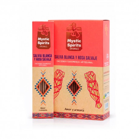 Incienso Sahumerio Salvia Blanca y Rosa Salvaje Mystic Spirits Caja Completa de 12 Cajetillas de Incienso Artesanal