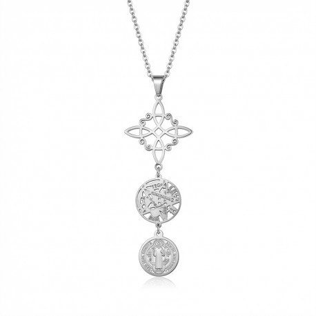Colgante Triple Protección Plateado en Acero Inoxidable con Cadena de 50 cm Amuleto Espiritual de Protección Total