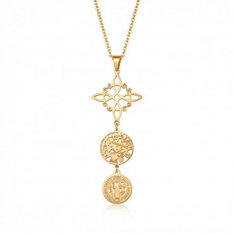 Colgante Triple Protección Dorado en Acero Inoxidable con Cadena de 50 cm Amuleto Espiritual de Protección Total