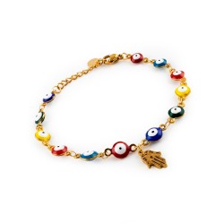 Pulsera Ojo Turco de Colores con Mano de Fátima en Acero Inoxidable Dorado Ajustable Amuleto de Protección Espiritual