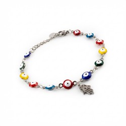 Pulsera Ojo Turco de Colores con Mano de Fátima en Acero Inoxidable Plateado Ajustable Amuleto de Protección Espiritual