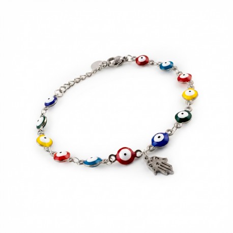 Pulsera Ojo Turco de Colores con Mano de Fátima en Acero Inoxidable Plateado Ajustable Amuleto de Protección Espiritual