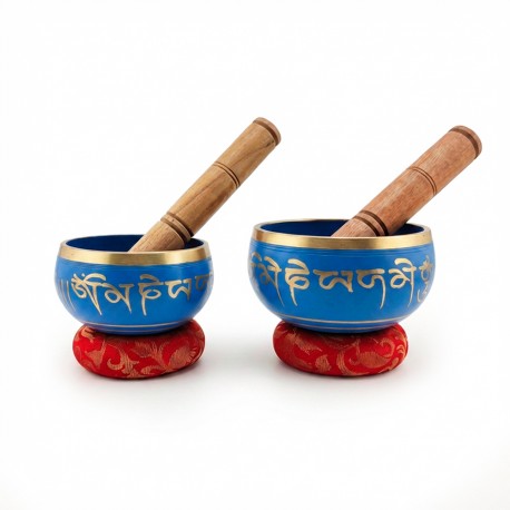 Pack 2 Cuencos Tibetanos Azules con Cojines y Mazos | Cuencos de Meditación y Relajación
